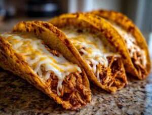 Close-up of three crispy chicken tacos filled with shredded meat and topped with melted white and yellow cheese.