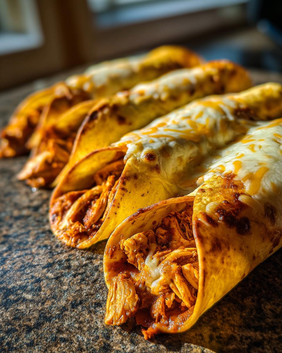 Close-up of several crispy chicken tacos filled with shredded, seasoned chicken and topped with melted cheese.