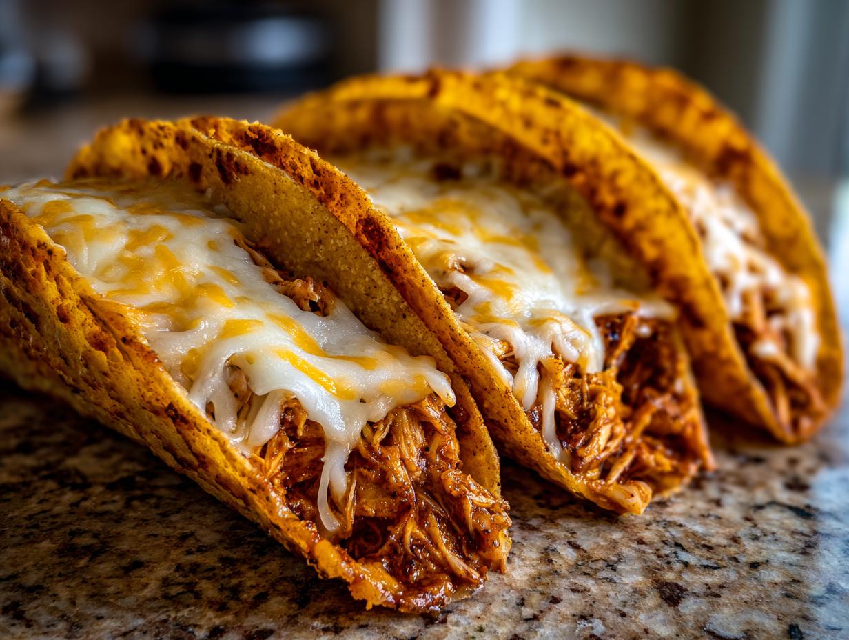 Close-up of three crispy chicken tacos filled with shredded meat and topped with melted white and yellow cheese.