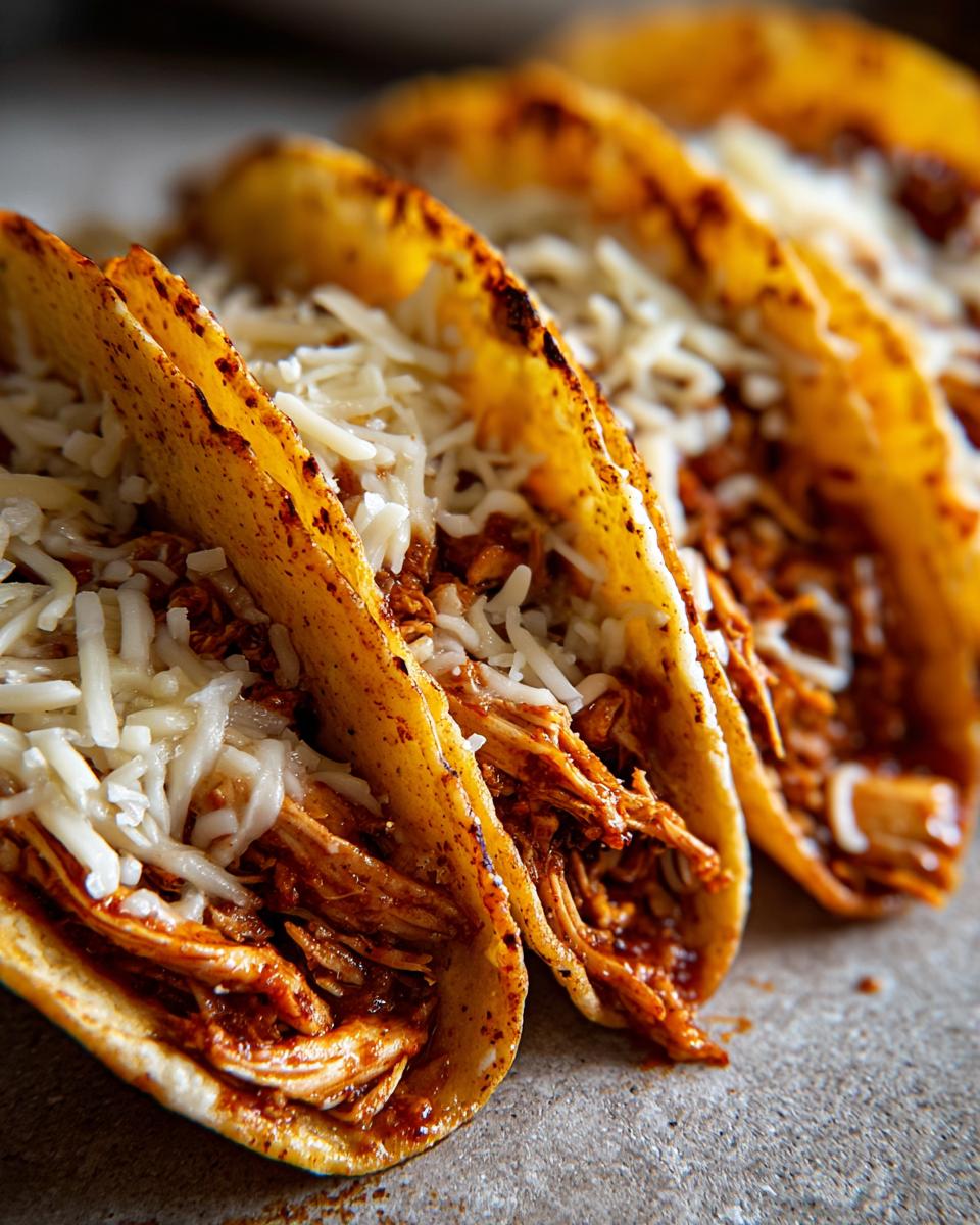 Close-up of three crispy, golden chicken tacos filled with shredded chicken and topped generously with white shredded cheese.