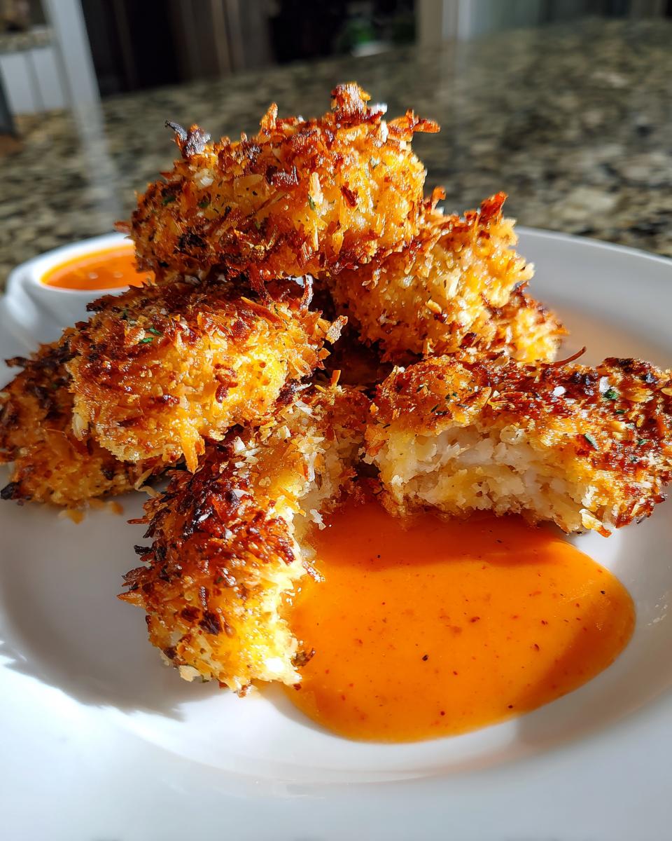 Close-up of golden brown, crispy coconut chicken pieces stacked on a white plate with orange dipping sauce.