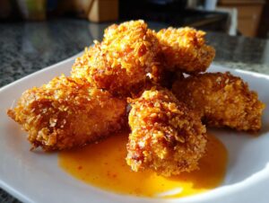 Close-up of golden, crispy coconut chicken pieces served on a white plate with a pool of orange dipping sauce.