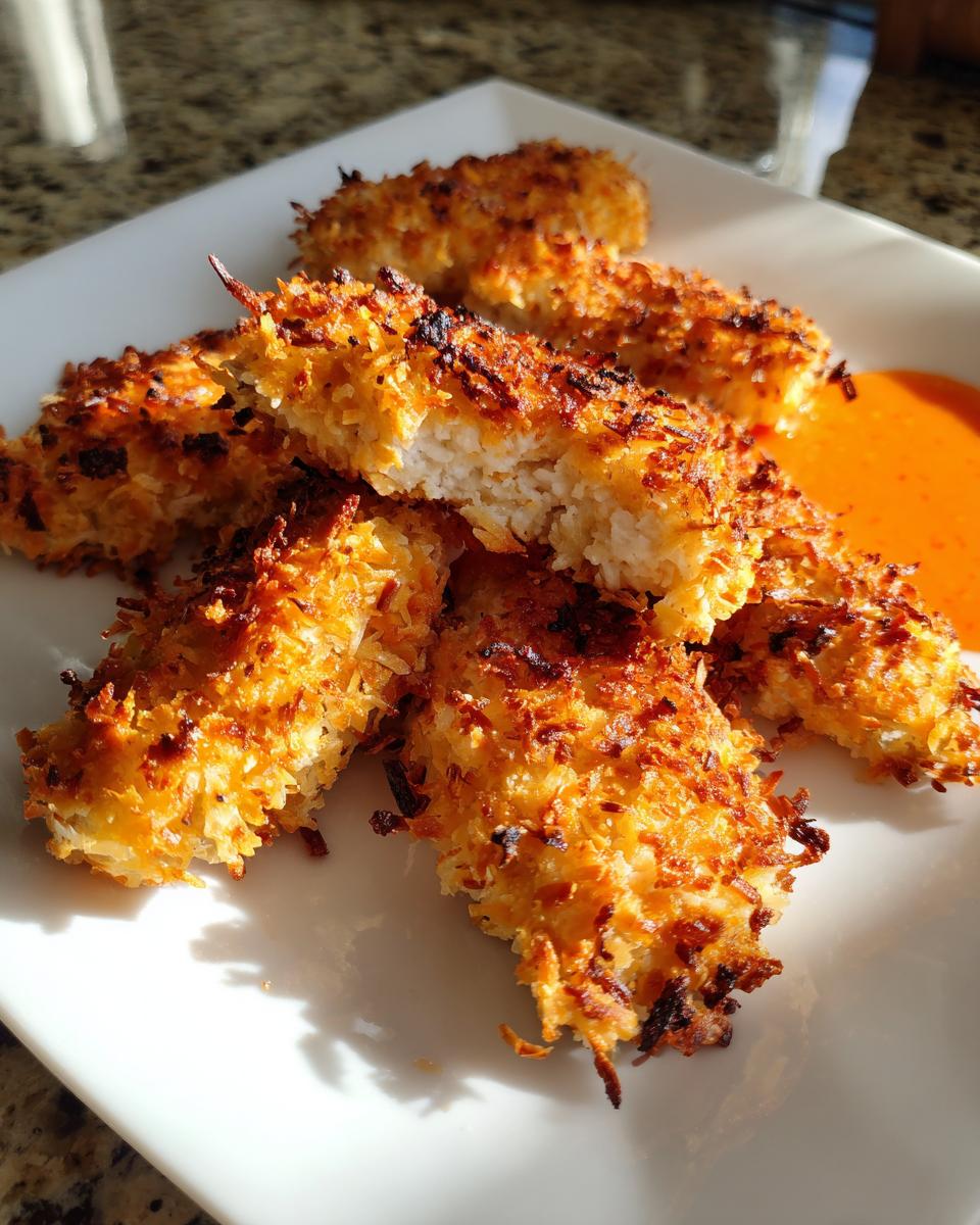Close-up of golden brown, crispy coconut chicken tenders served on a white plate with dipping sauce.