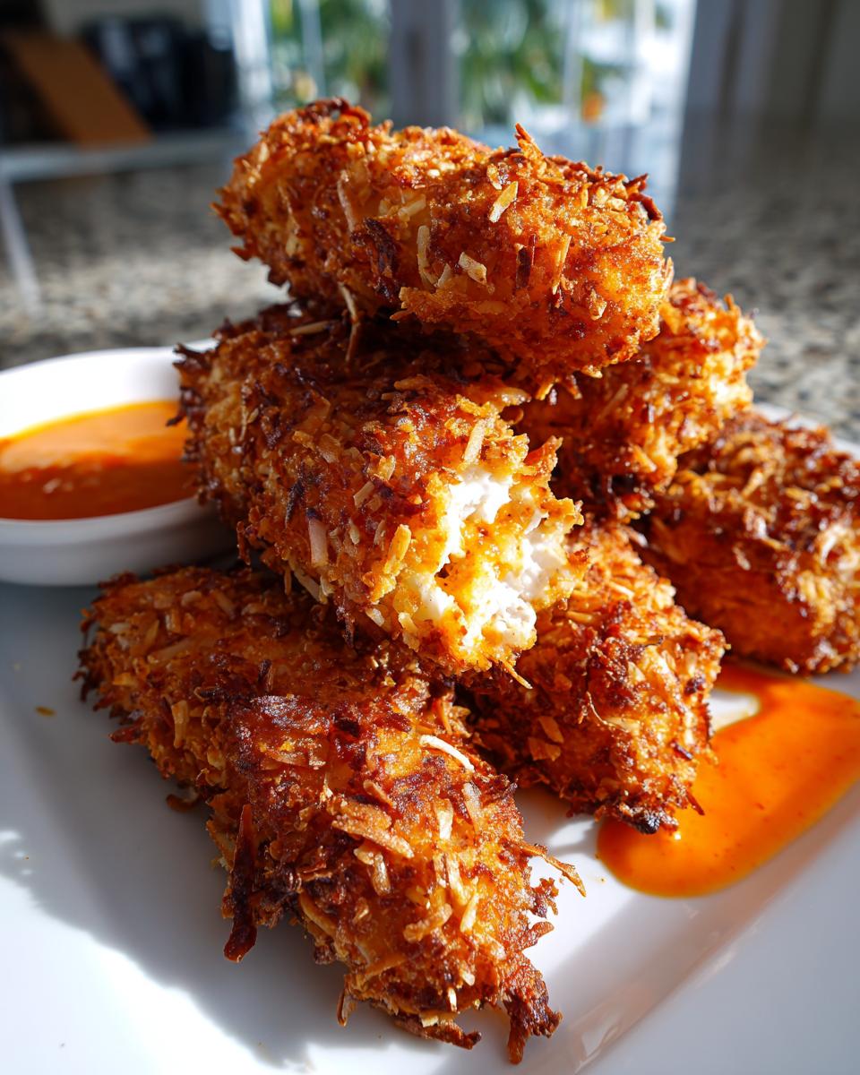 A stack of golden brown, crispy coconut chicken tenders served on a white plate with sweet chili dipping sauce.