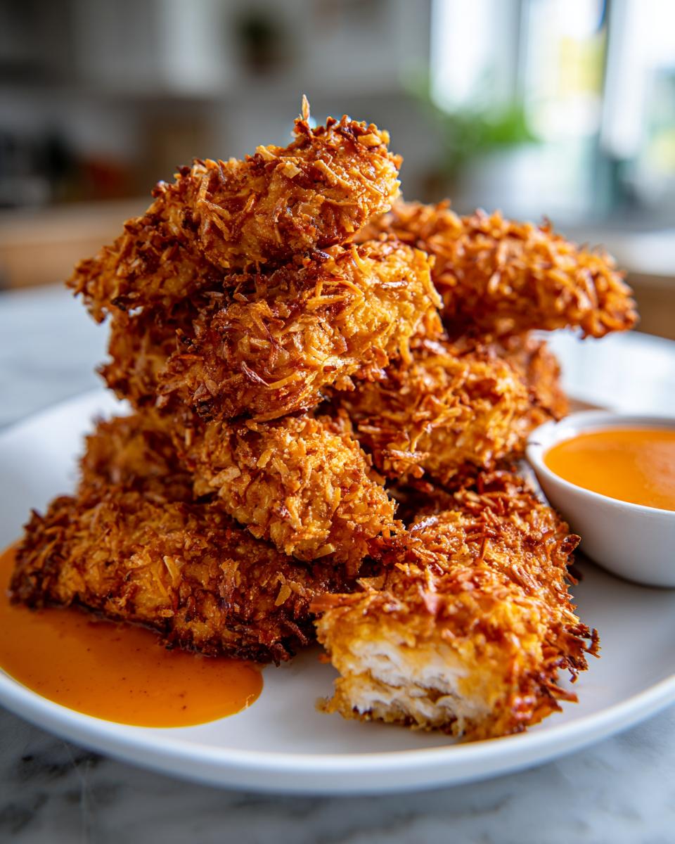 A stack of golden brown, crispy coconut chicken tenders served with a side of orange dipping sauce.