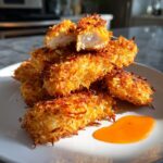 A stack of golden brown, crispy coconut chicken tenders on a white plate with a side of dipping sauce.