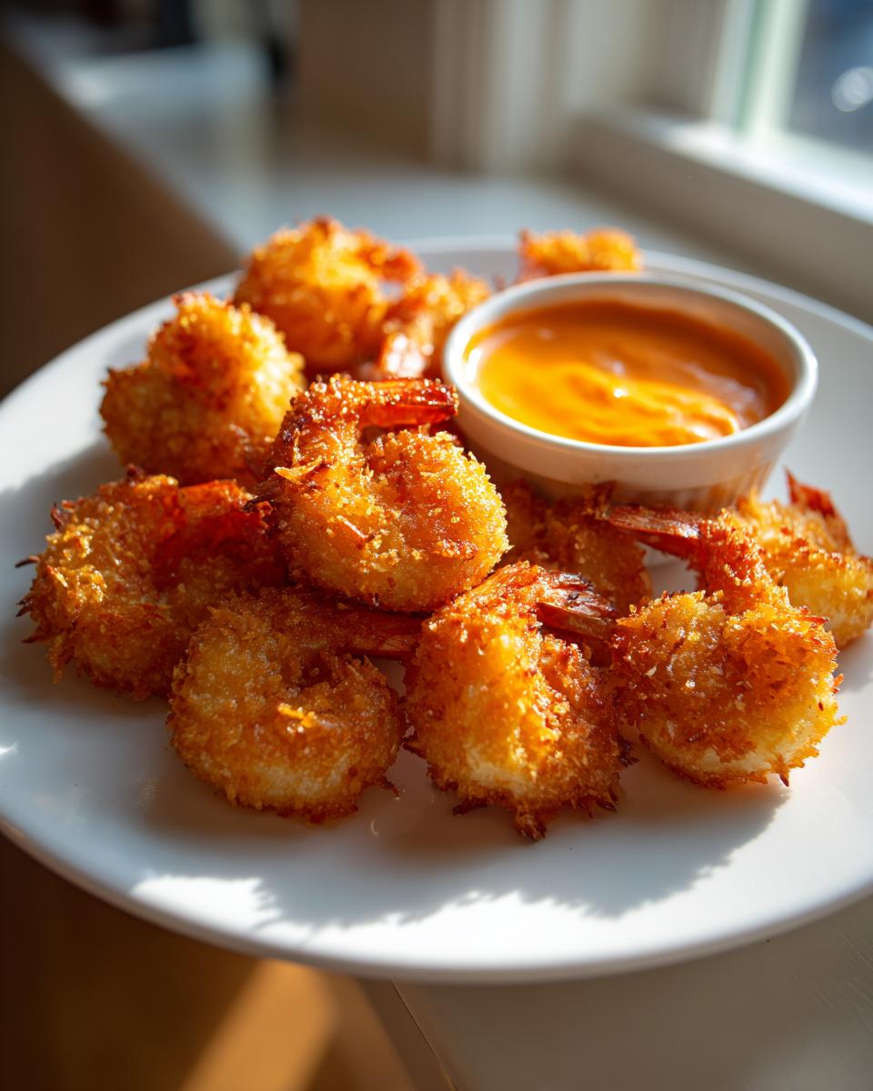 A plate of perfectly golden, crispy coconut shrimp served with a small bowl of orange dipping sauce.