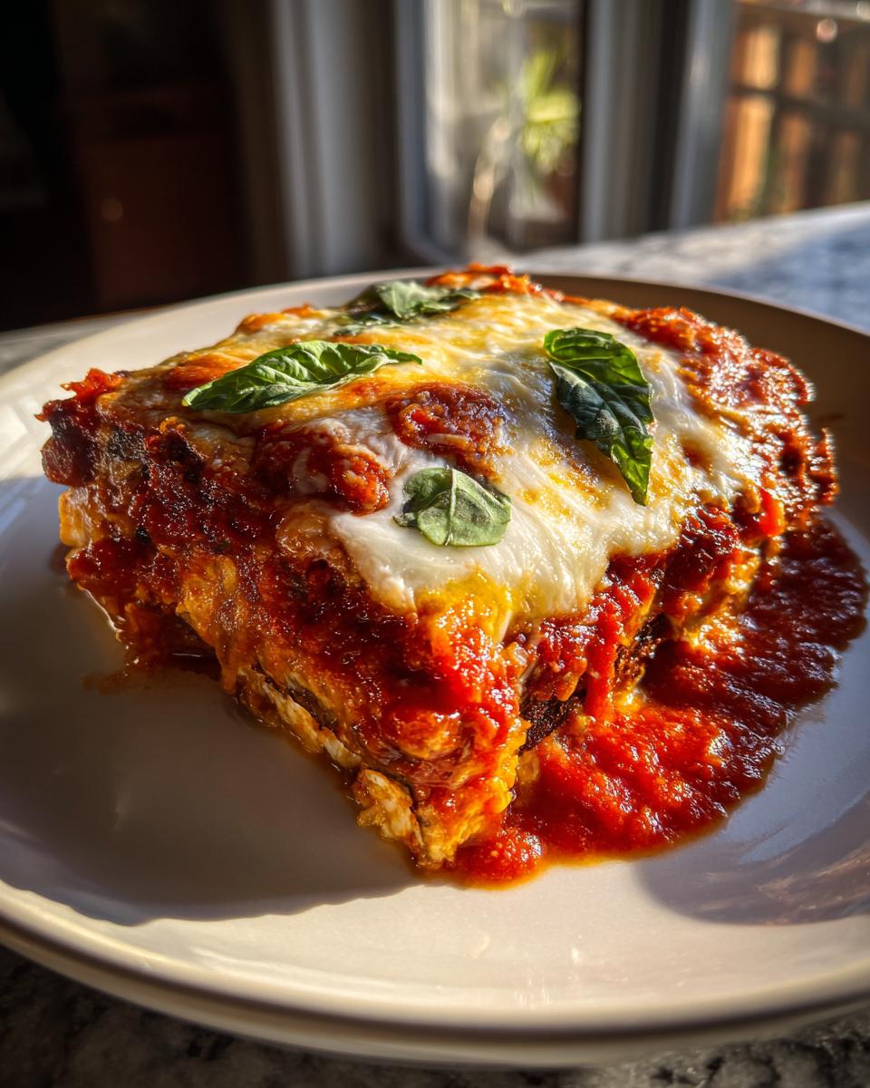 A close-up, sunlit serving of crispy eggplant parmesan covered in melted mozzarella and rich tomato sauce, garnished with basil.