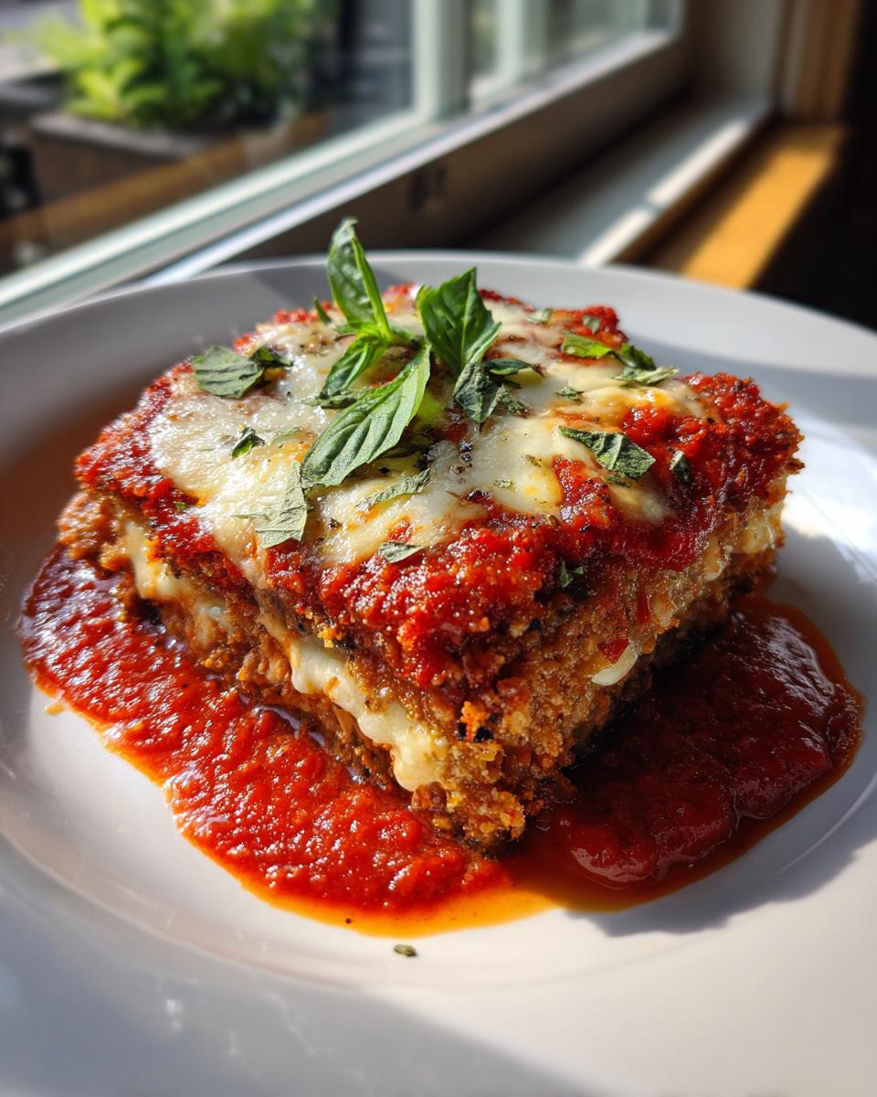 A perfectly layered, crispy slice of eggplant parmesan topped with melted cheese and fresh basil.