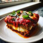 A close-up of a square slice of crispy eggplant parmesan topped with rich tomato sauce and fresh basil.