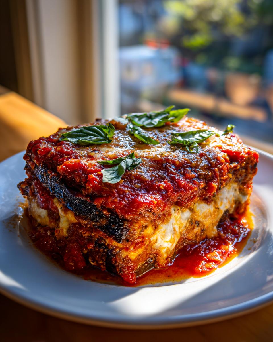 A thick, layered slice of crispy eggplant parmesan covered in rich tomato sauce and melted cheese, topped with fresh basil.