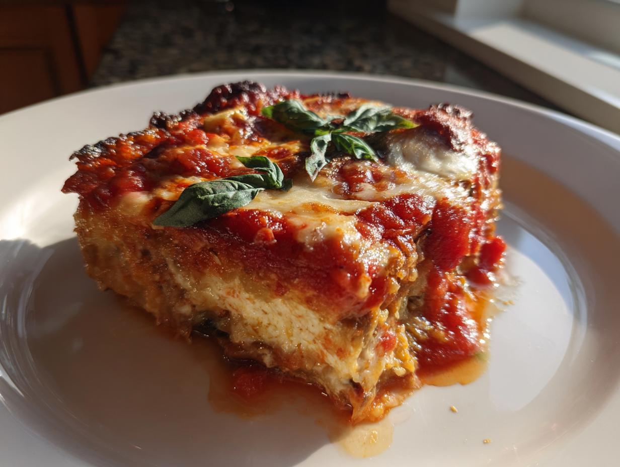 A perfectly baked, crispy slice of eggplant parmesan topped with melted cheese, rich tomato sauce, and fresh basil leaves.