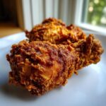 Two pieces of perfectly cooked fried chicken with an extra crispy, craggy coating resting on a white plate.