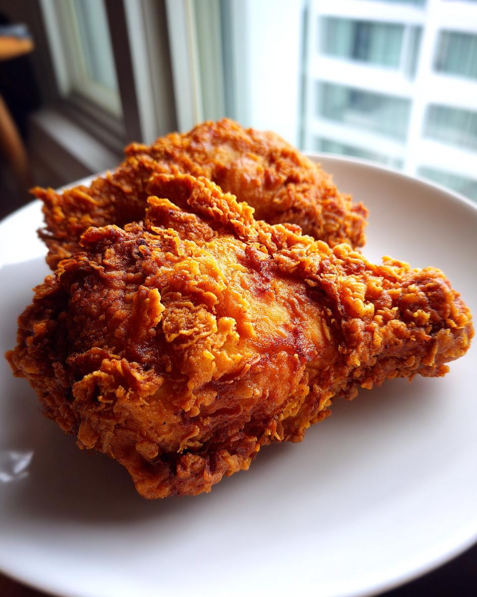 Two pieces of perfectly cooked, crispy fried chicken with a golden-brown crust on a white plate.