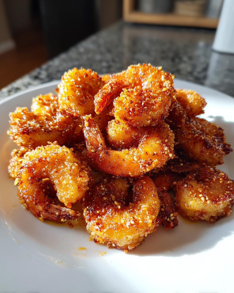 A close-up of golden brown, crispy fried shrimp piled high on a white plate, ready to eat.