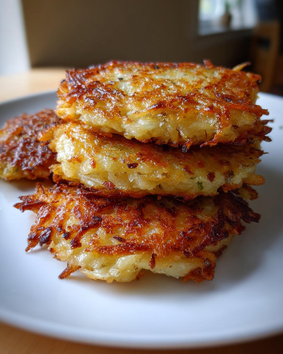 A stack of three perfectly golden brown and crispy Latkes piled on a white plate.