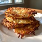 A stack of three perfectly golden and crispy Latkes, showing shredded potato texture, served on a white plate.