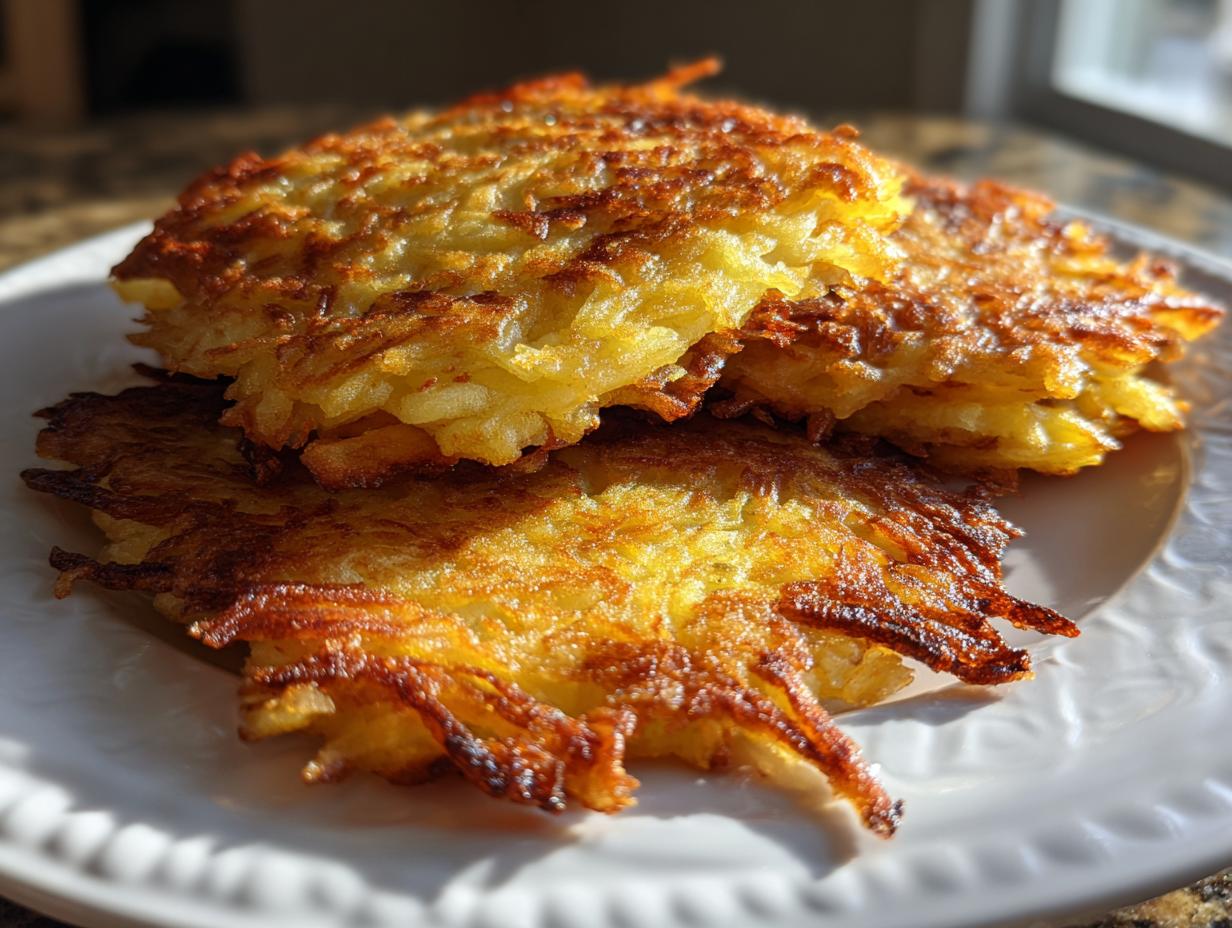 Close-up of three golden brown, crispy Latkes stacked on a white plate, catching bright sunlight.