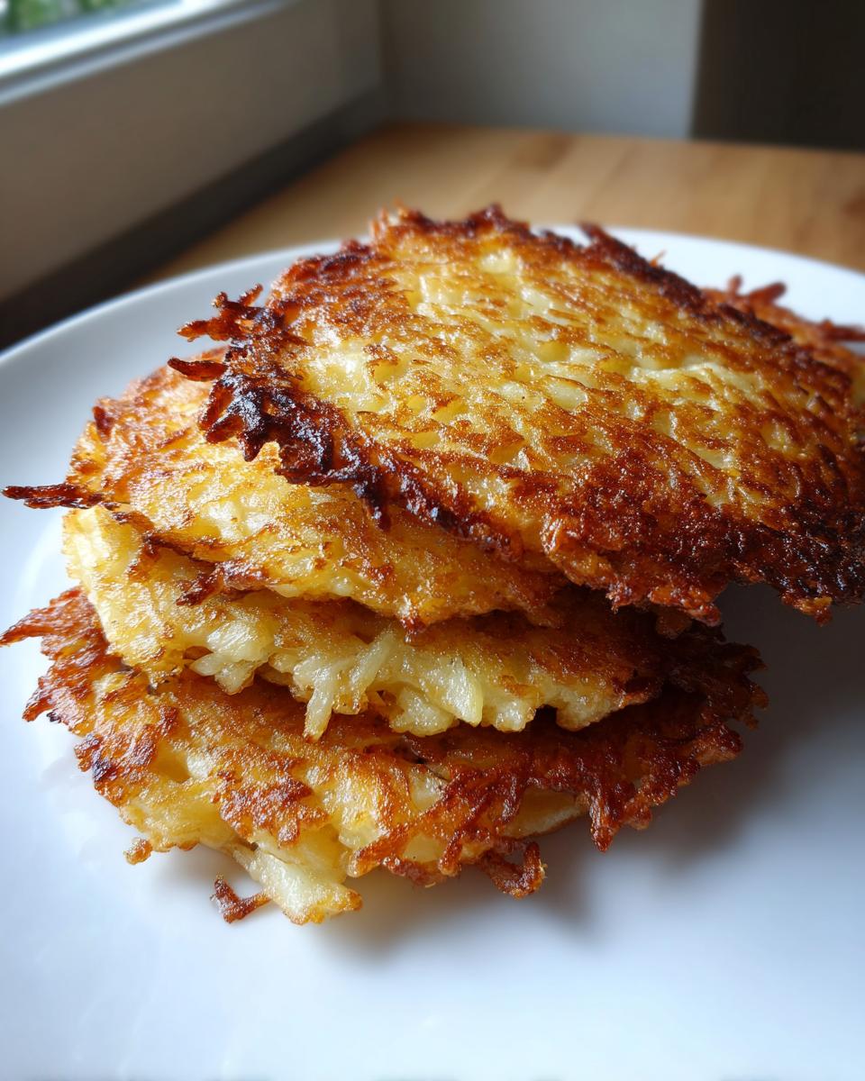 Close-up stack of three golden brown, crispy Latkes made from shredded potatoes, served on a white plate.