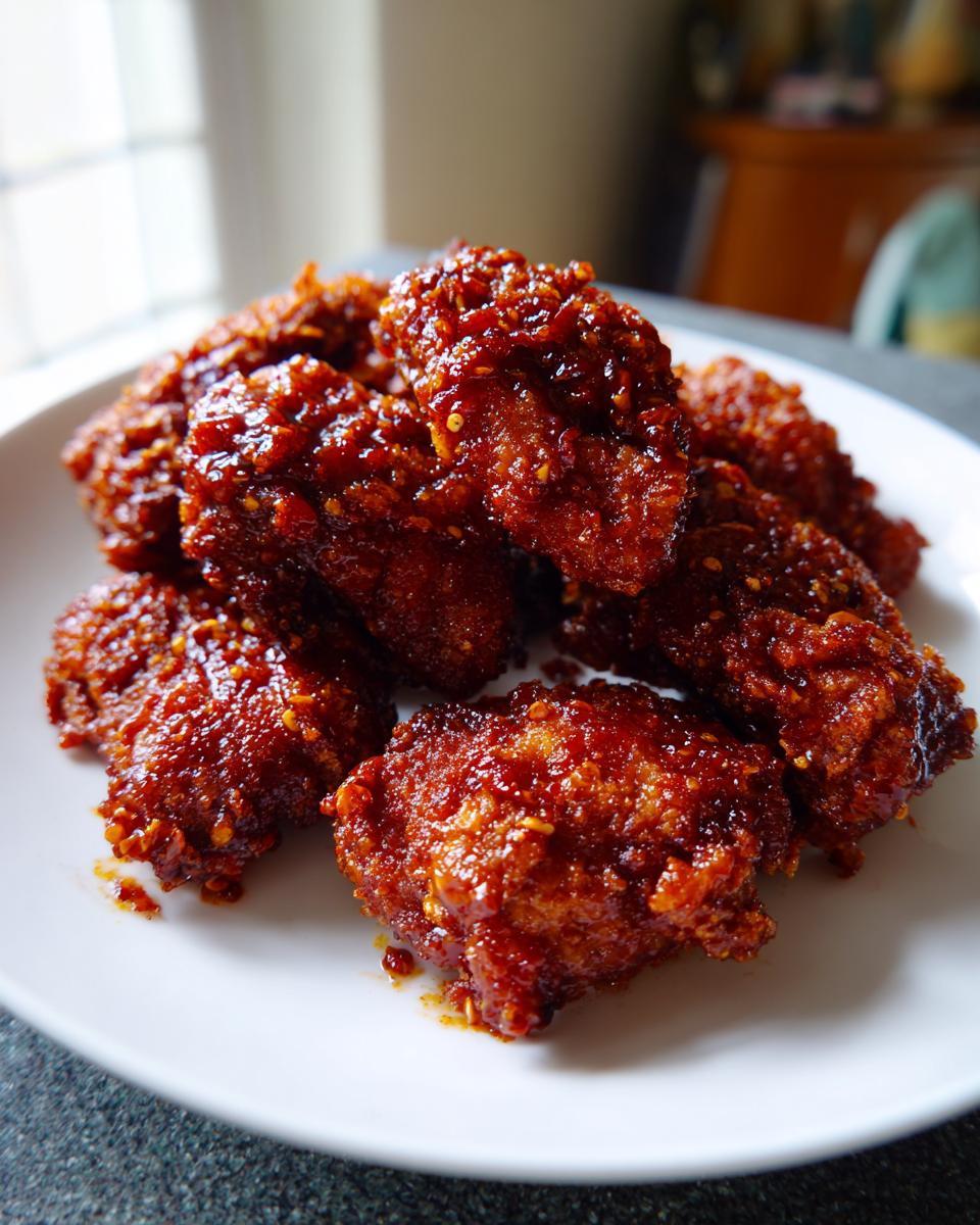 A pile of glossy, deep red korean fried chicken pieces coated in a sticky, spicy sauce on a white plate.