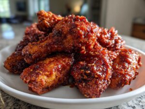 A close-up of several pieces of glossy, dark red Korean fried chicken piled on a white plate.