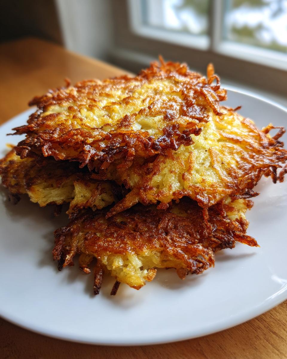 A close-up stack of three perfectly golden brown, crispy Latkes served on a white plate near a window.