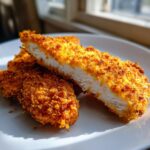 Close-up of crispy parmesan crusted chicken, showing the juicy white interior of the cut piece.