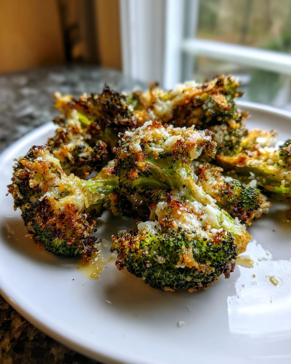 Close-up of perfectly crispy, oven-roasted smashed broccoli topped with melted Parmesan cheese.