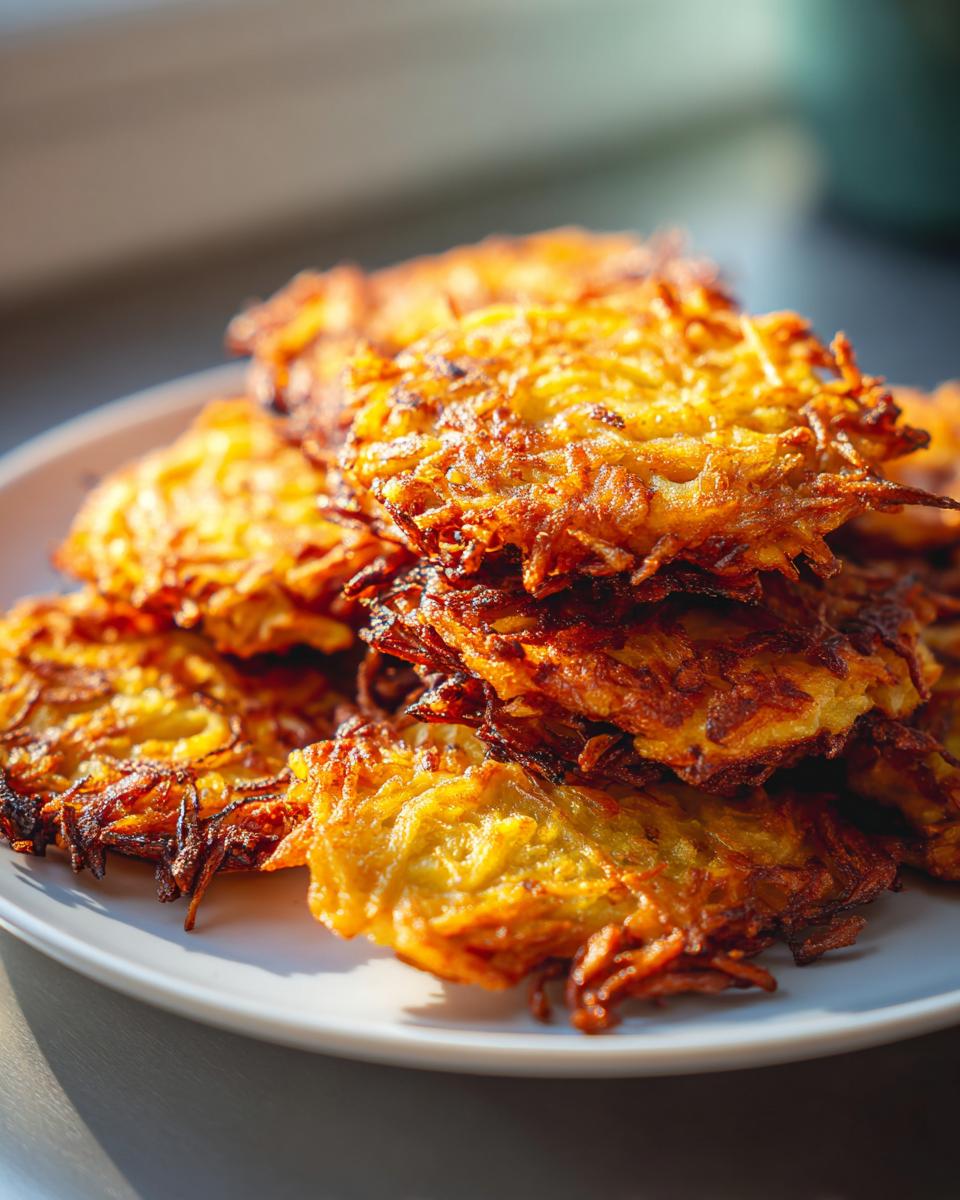 A close-up stack of perfectly fried, golden brown Potato latkes piled high on a white plate.