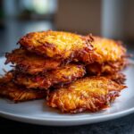 A close-up stack of perfectly golden brown and crispy potato latkes served on a white plate.