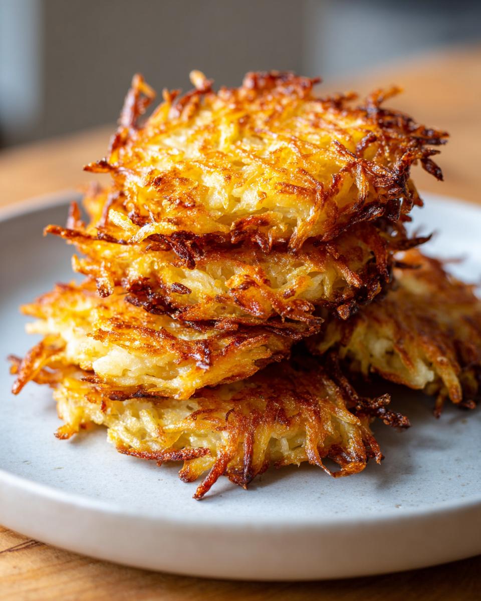 A stack of five perfectly golden and crispy potato latkes piled high on a light gray plate.