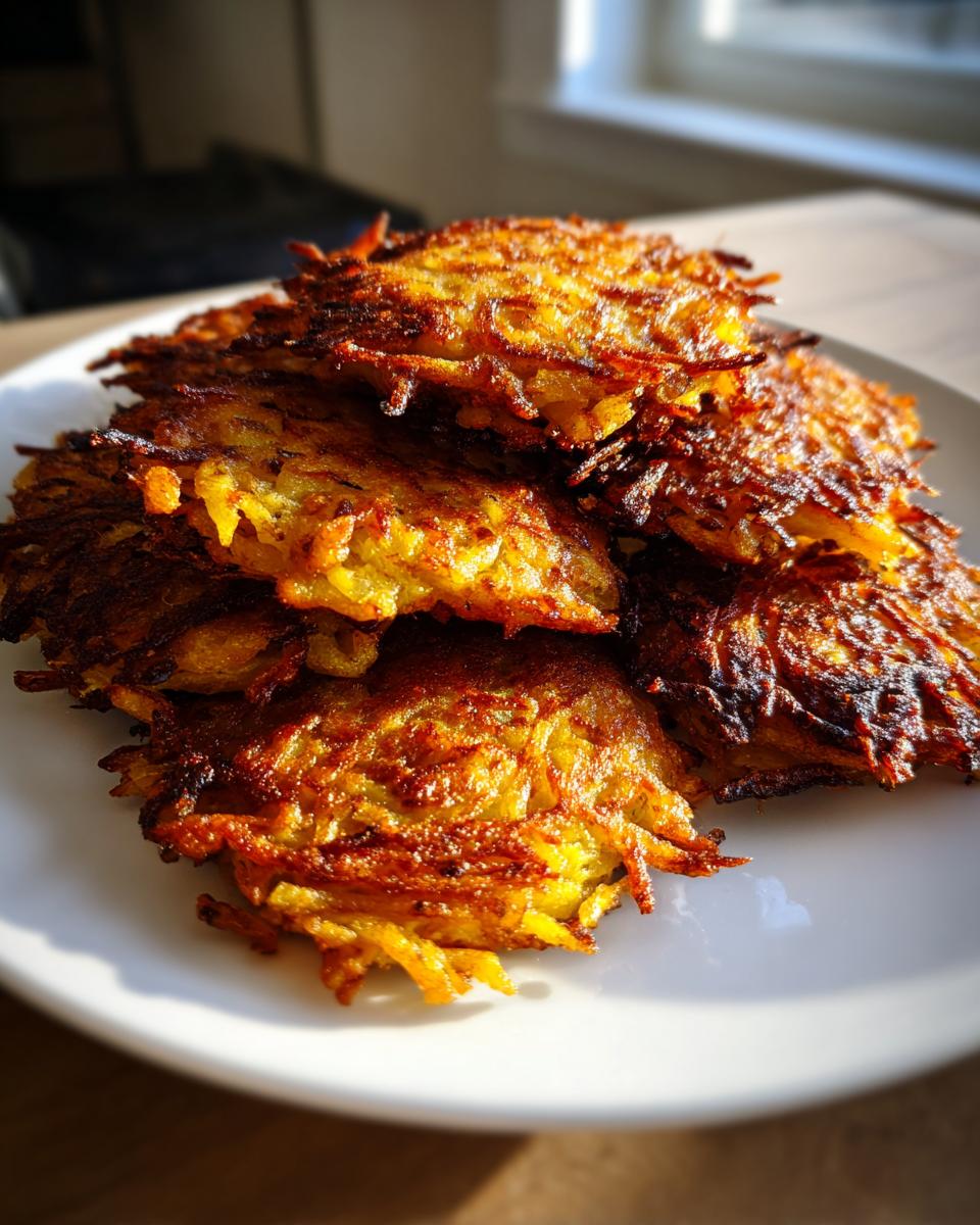A close-up stack of golden brown, crispy potato latkes piled high on a white plate.