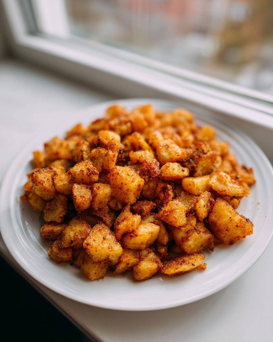 A white plate piled high with golden brown, crispy breakfast potatoes seasoned with spices, set near a window.