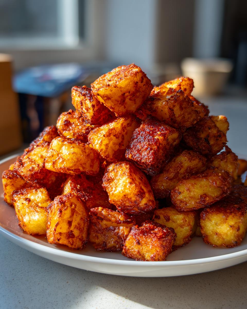 A large mound of perfectly golden and crispy breakfast potatoes piled high on a white plate.
