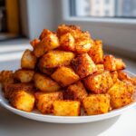 A large mound of perfectly golden and crispy breakfast potatoes seasoned with spices, piled high on a white plate.