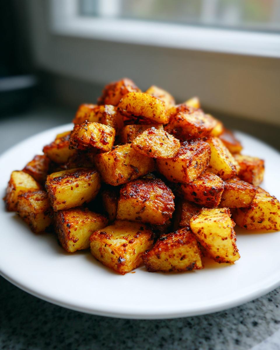 A mound of golden brown, crispy seasoned breakfast potatoes piled high on a white plate.