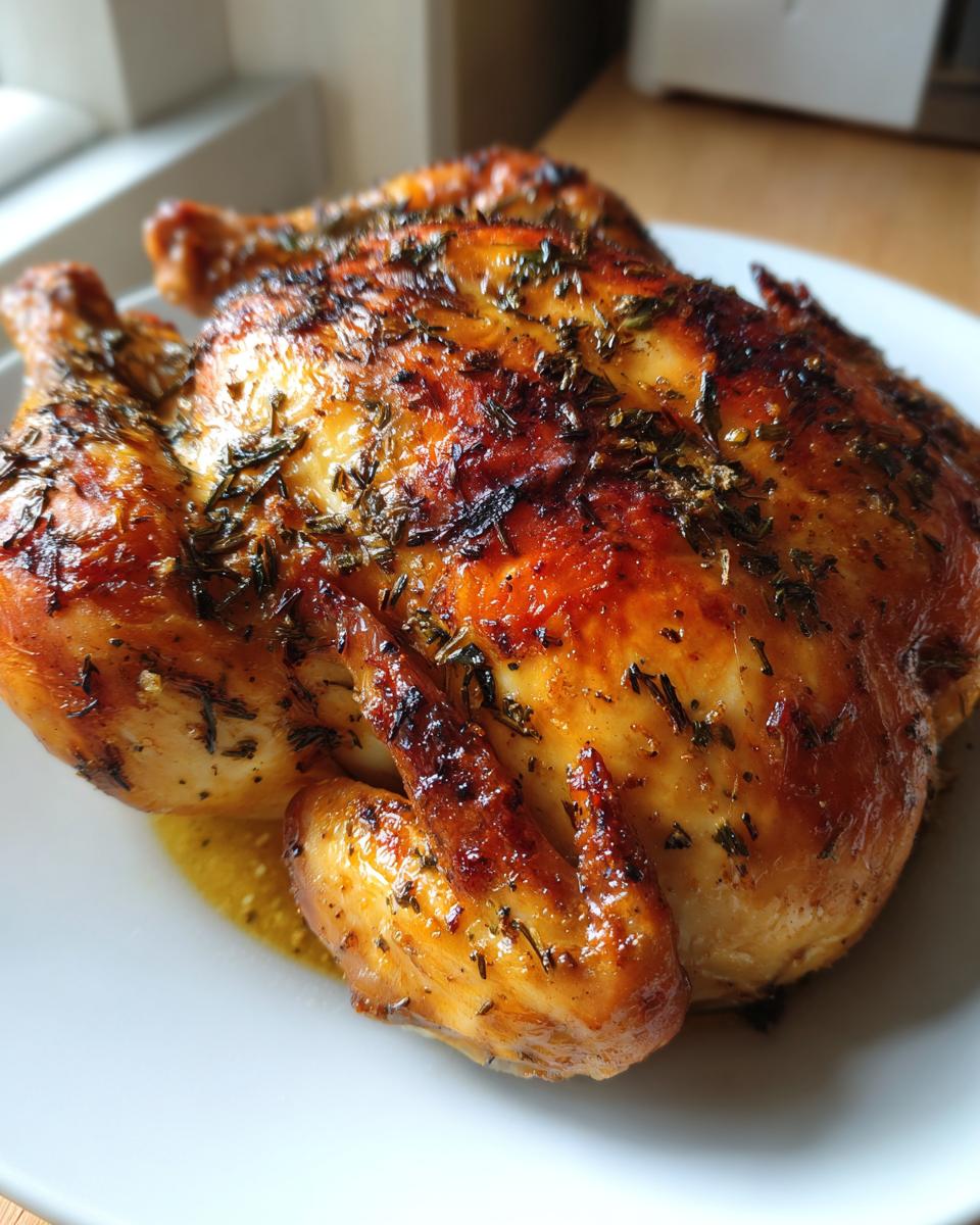 A perfectly cooked, glossy roasted chicken with crispy, herb-crusted skin resting on a white plate.