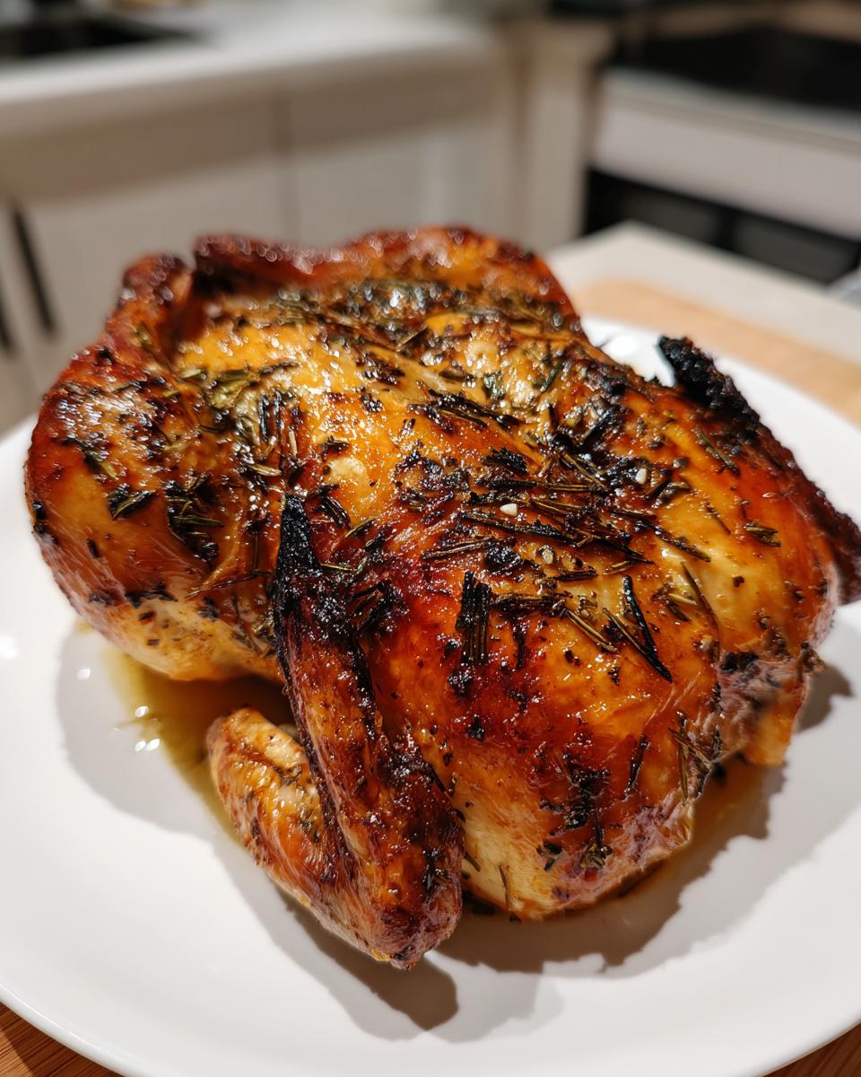 A perfectly cooked, juicy roasted chicken with crispy, golden-brown skin seasoned with herbs.