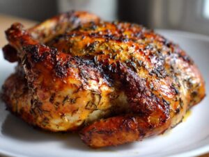 A perfectly cooked, golden-brown roasted chicken with crispy, herb-seasoned skin resting on a white plate.
