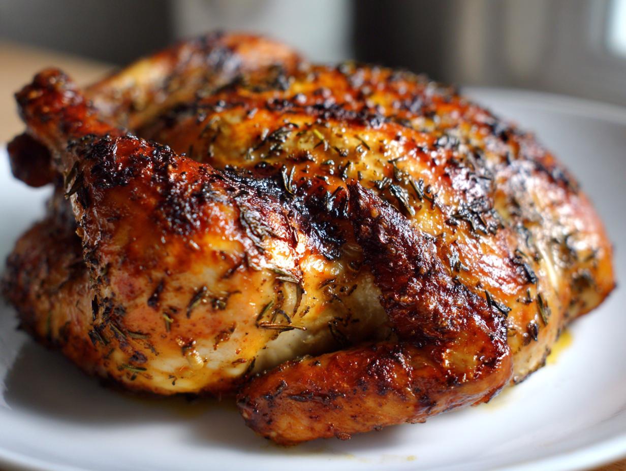 A perfectly cooked, golden-brown roasted chicken with crispy, herb-seasoned skin resting on a white plate.