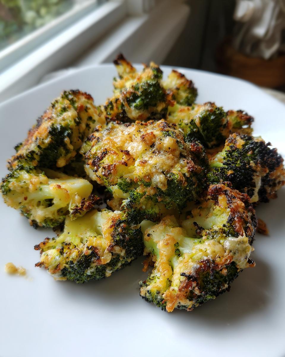Close-up of perfectly crispy smashed broccoli florets topped with browned, melted cheese on a white plate.