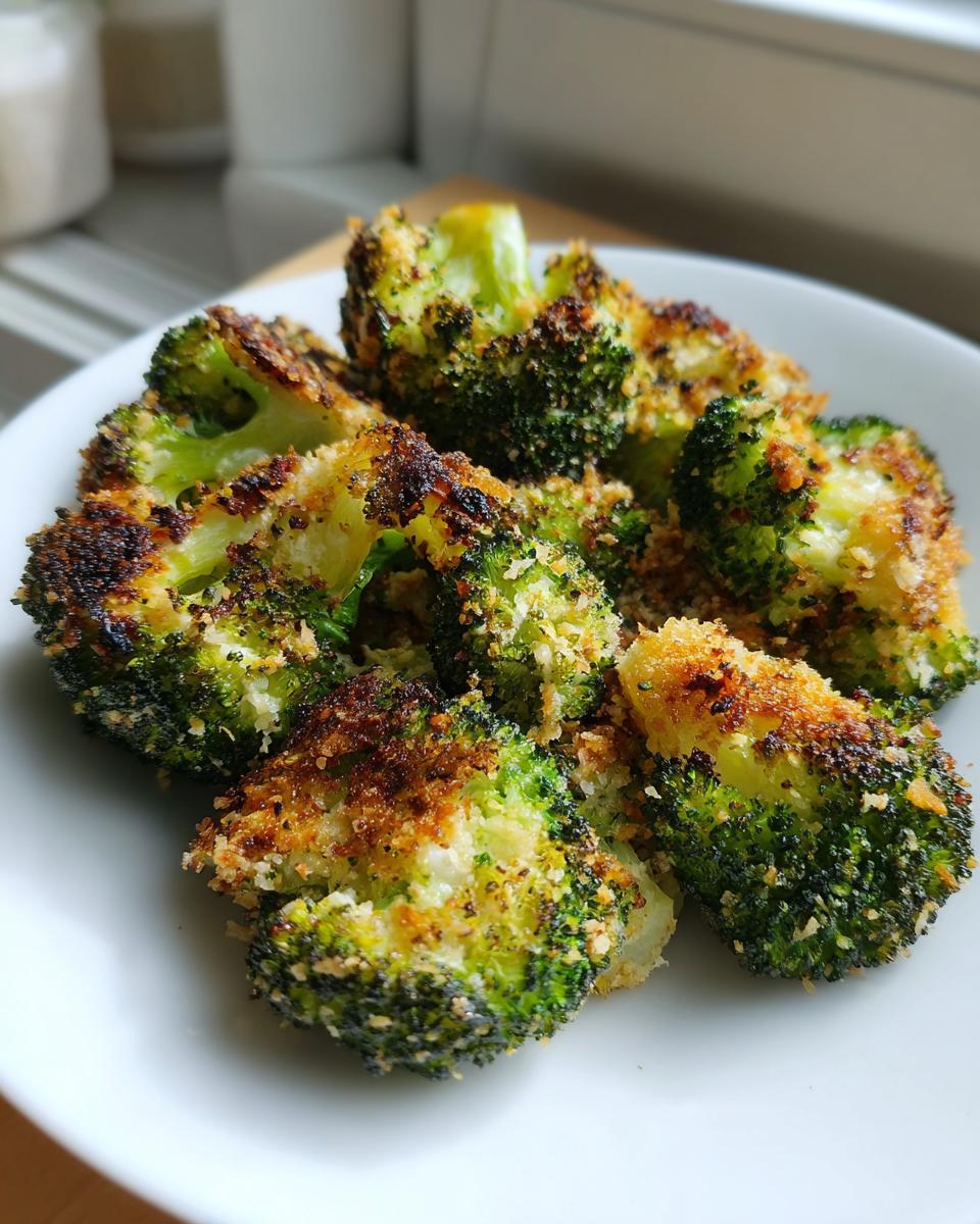 Close-up of crispy, oven-baked smashed broccoli florets coated in breadcrumbs served on a white plate.