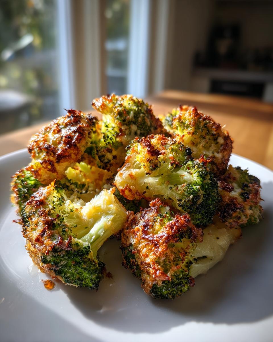 Close-up of perfectly crispy, oven-baked smashed broccoli florets with browned edges on a white plate.