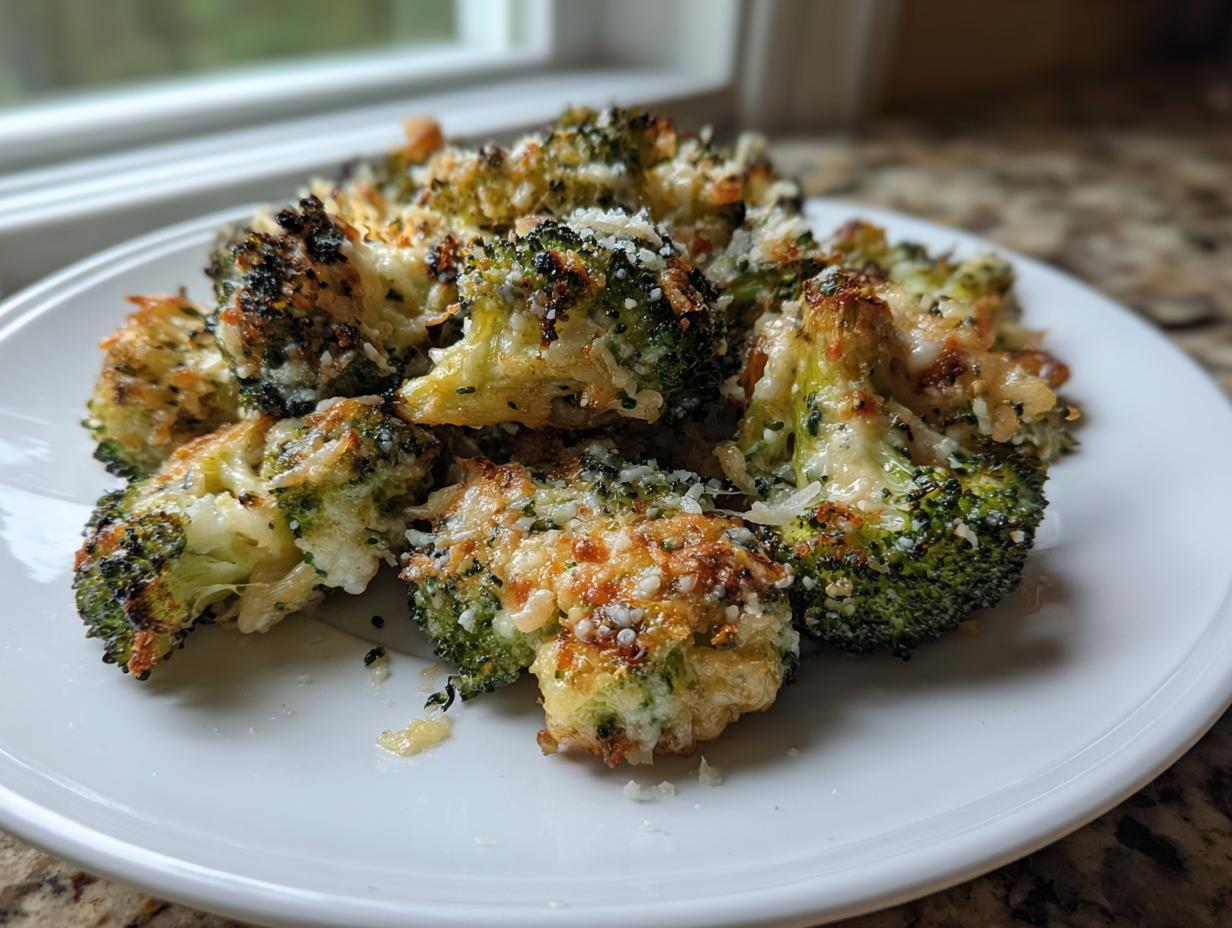 Close-up of crispy, oven-roasted smashed broccoli florets topped with melted and browned Parmesan cheese.