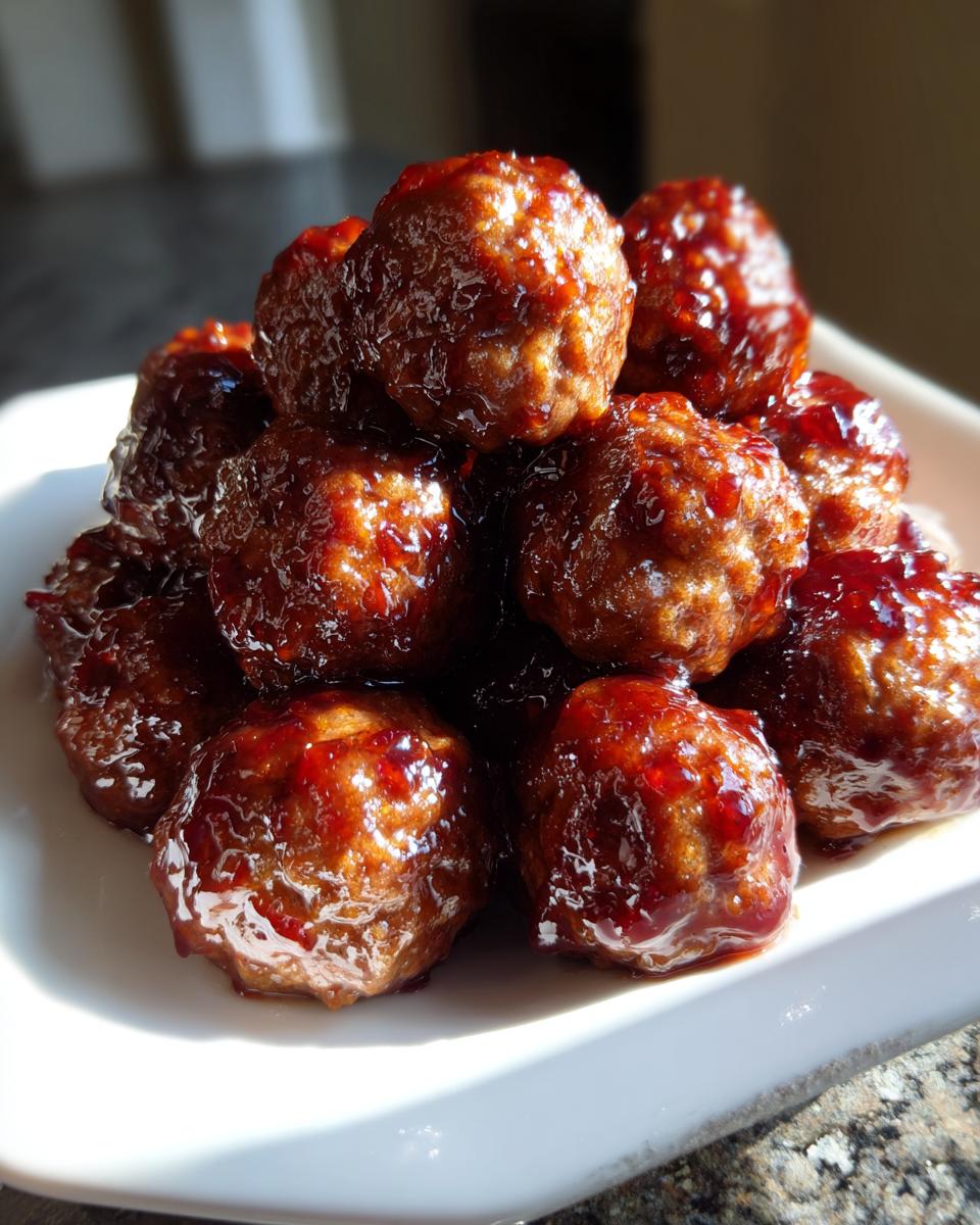 A close-up of a pile of shiny, glazed Crockpot grape jelly meatballs served on a white dish.