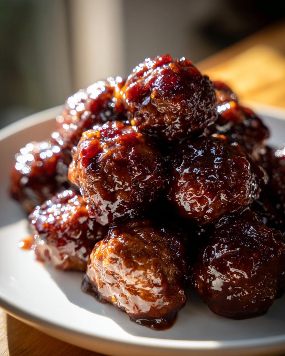 A close-up of glossy, saucy Crockpot grape jelly meatballs piled high on a white plate.