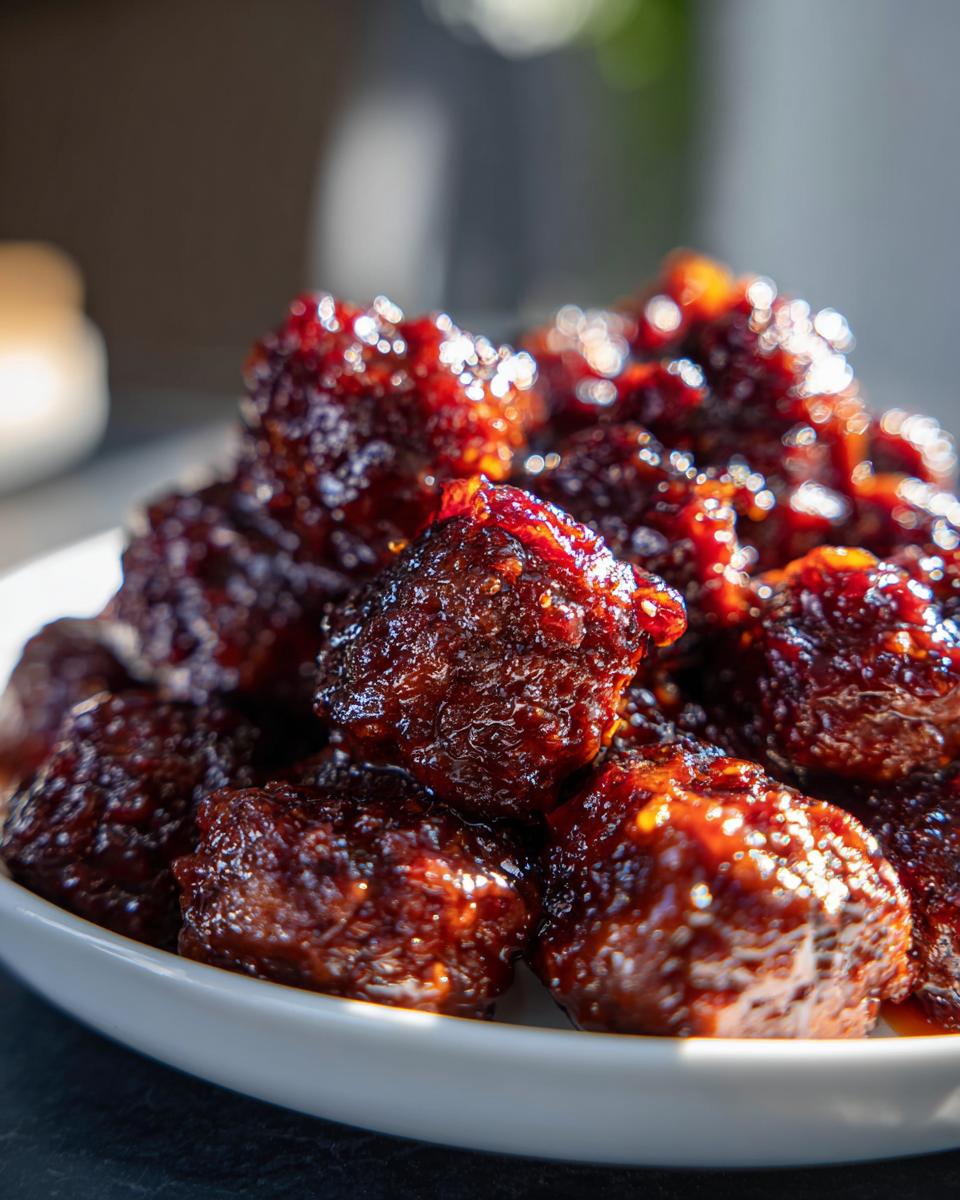 Close-up of glossy, dark red Crockpot grape jelly meatballs piled high on a white serving dish.