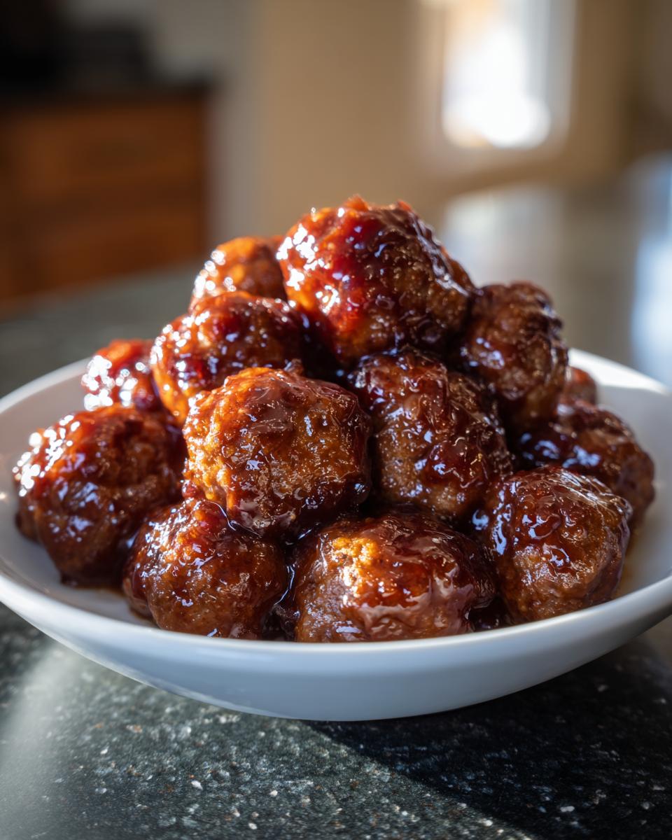 A pile of glossy Crockpot grape jelly meatballs coated in a thick, dark sauce, served in a white bowl.