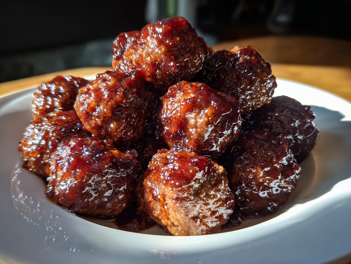 A pile of glistening Crockpot grape jelly meatballs coated in a thick, dark glaze, served on a white plate.