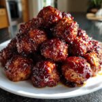 A large mound of shiny, glazed Crockpot grape jelly meatballs piled high on a white serving plate.